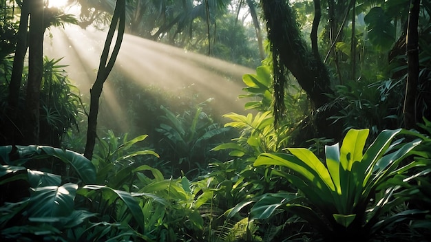 Free Photo a forest with a sun shining through the leaves