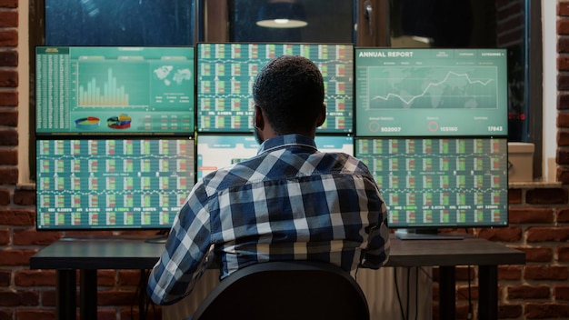 Free Photo forex trader analyzing market charts to plan commodities exchange on multi monitor workstation. financial investment with banking profit statistics and real time stocks changing.