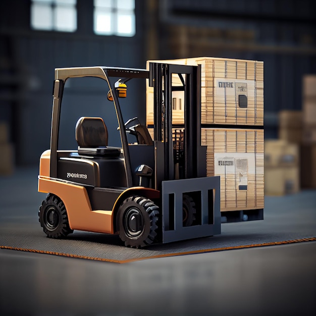 Forklift transporting cargo container in industrial warehouse generative AI