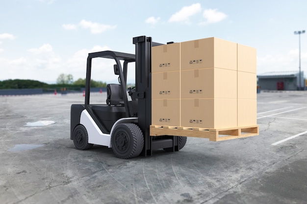 Forklift truck is lifting a pallet with cardboard boxes