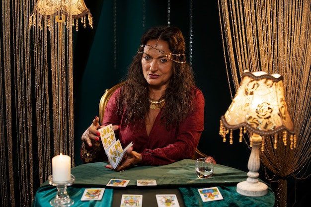 Fortune teller with tarot cards front view