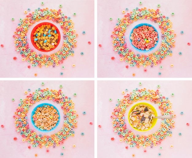 Free Photo four bowls of cereals in round frames from corn flakes