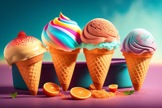 Four ice cream cones are on a table with oranges and oranges.