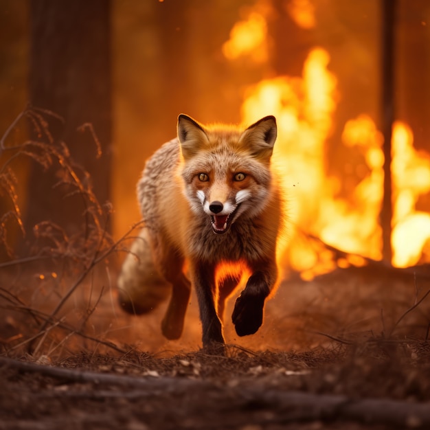 Free photo fox running from wildfire