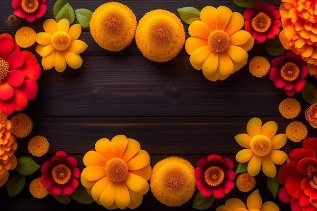 A frame of flowers on a dark wooden background