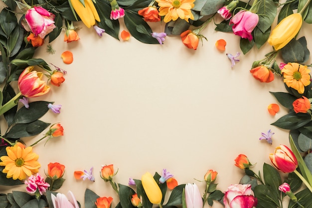 Frame from different flowers on table