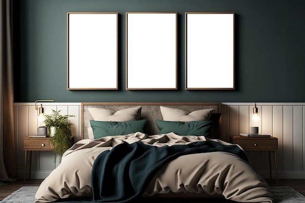 Free photo frame mockup in modern bedroom with empty poster frame ai generative