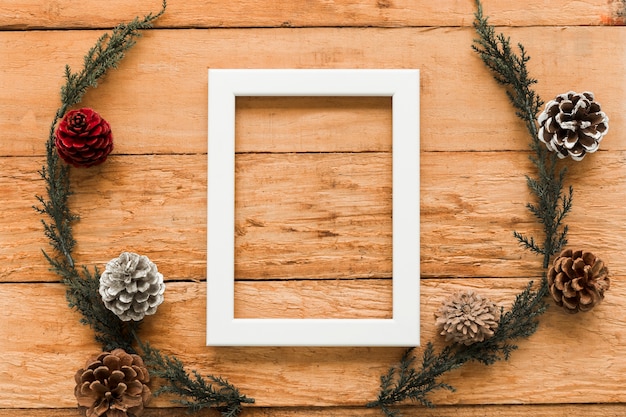 Free Photo frame near coniferous twigs and ornament snags 