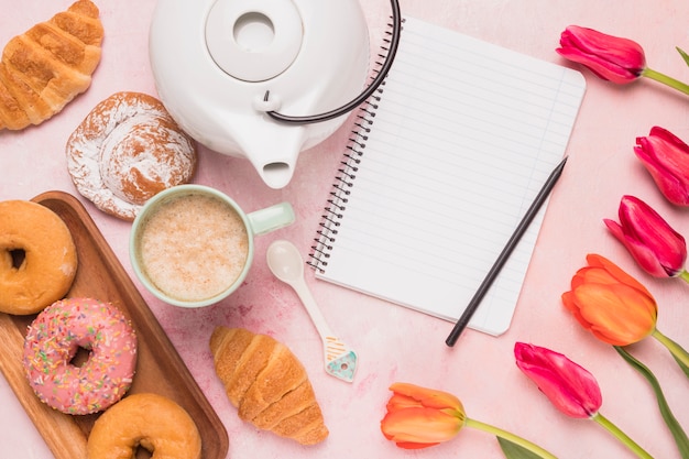 Frame notebook with sweet coffee break and tulips