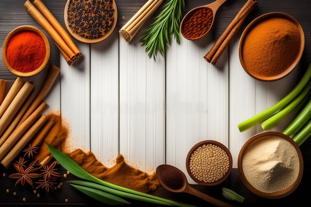 Free photo a frame of spices and cinnamon sticks with a green label that says'spice '