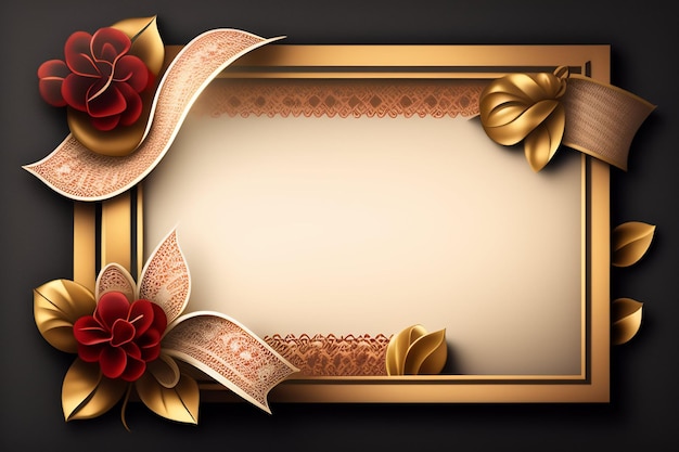 A frame with gold and red flowers