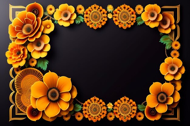 A frame with orange flowers on a black background