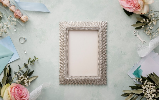 Frame with wedding decorations beside