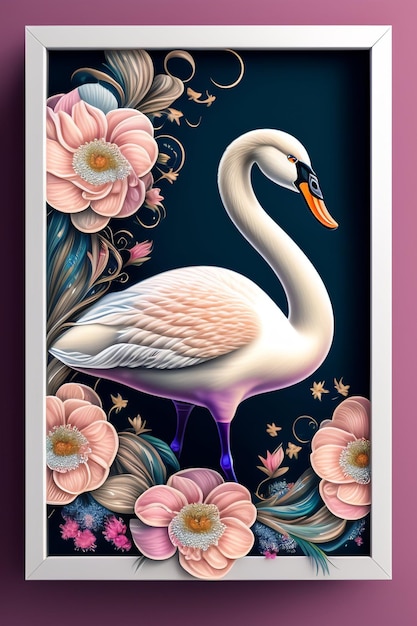 Free Photo a framed painting of a swan with flowers and a pink background.