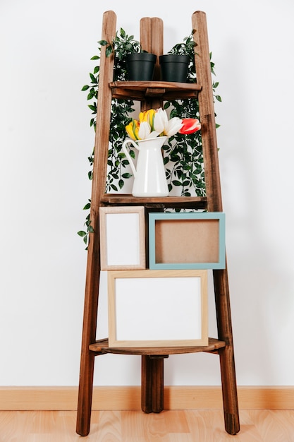 Free photo frames and flowers on shelf