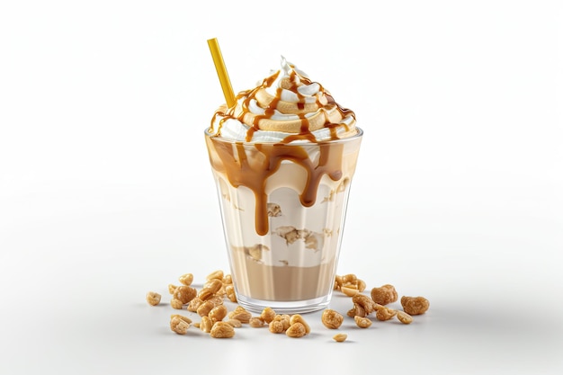 Free photo frappe drink with caramel an nuts isolated on white background ai generative