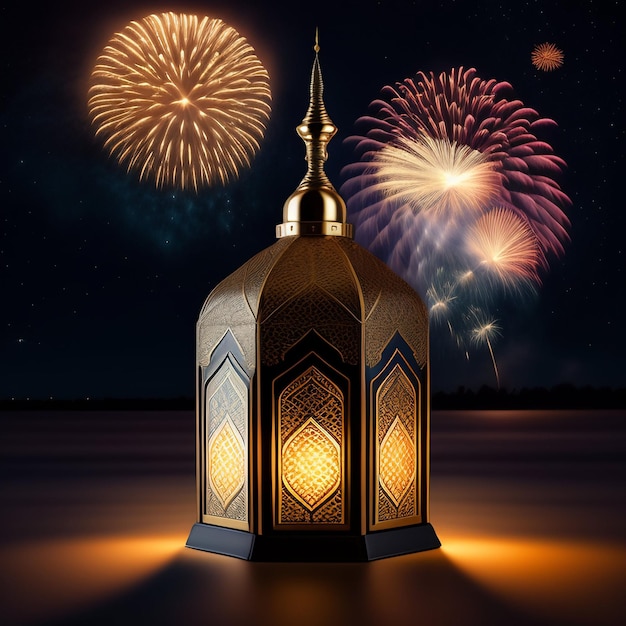 Free photo free photo background ramadan kareem eid mubarak royal moroccan lamp mosque with fireworks