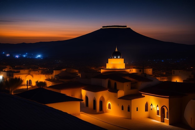 Free Photo Ramadan Kareem Eid Mubarak Mosque in Evening with Sun Light Background