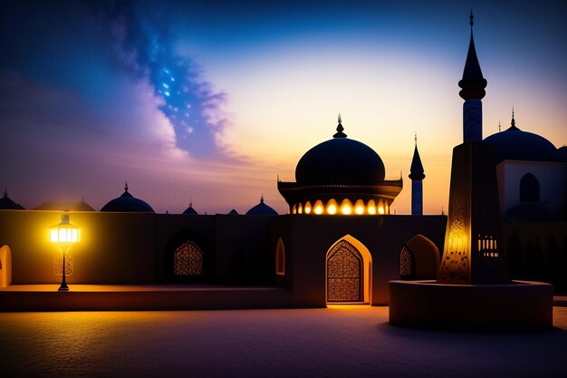 Free Photo Ramadan Kareem Eid Mubarak Mosque in Evening with Sun Light Background