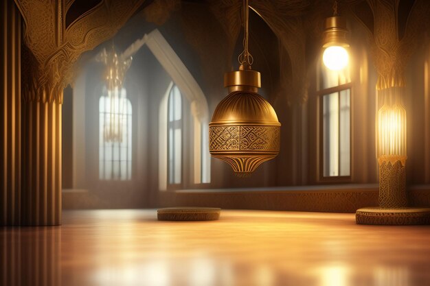 Free Photo Ramadan Kareem Eid Mubarak Old Fashioned Royal Elegant Lamp with Mosque