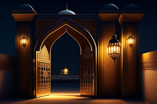 Free Photo Ramadan Kareem Eid Mubarak Royal Elegant Lamp with Mosque Entry Holy Gate