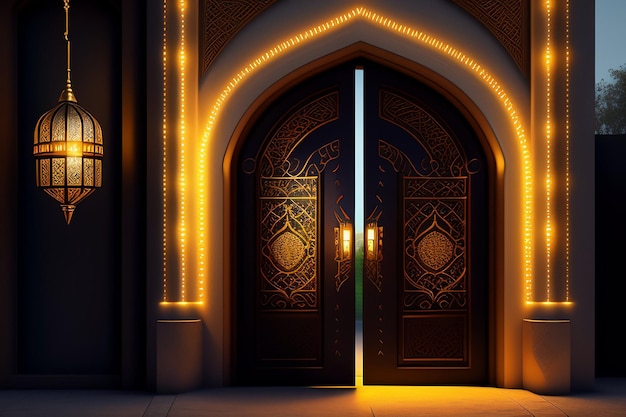 Free photo free photo ramadan kareem eid mubarak royal elegant lamp with mosque entry holy gate