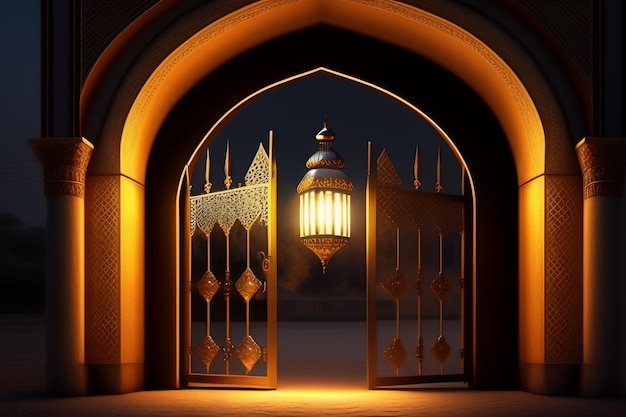 Free Photo Ramadan Kareem Eid Mubarak Royal Elegant Lamp with Mosque Entry Holy Gate