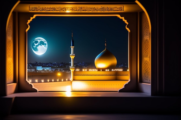 Free photo free photo ramadan kareem eid mubarak royal elegant lamp with mosque holy gate with fireworks