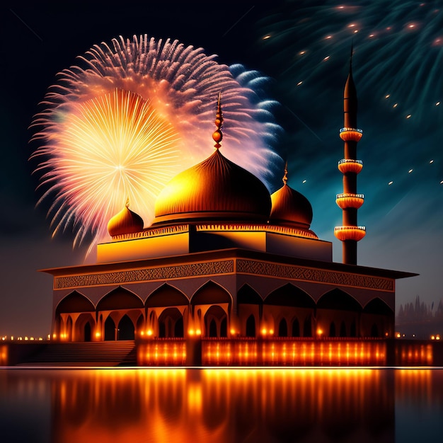 Free Photo Ramadan Kareem Eid Mubarak Royal Elegant Lamp with Mosque Holy Gate with fireworks