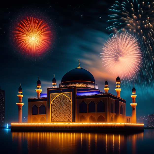 Free Photo free photo ramadan kareem eid mubarak royal elegant lamp with mosque holy gate with fireworks