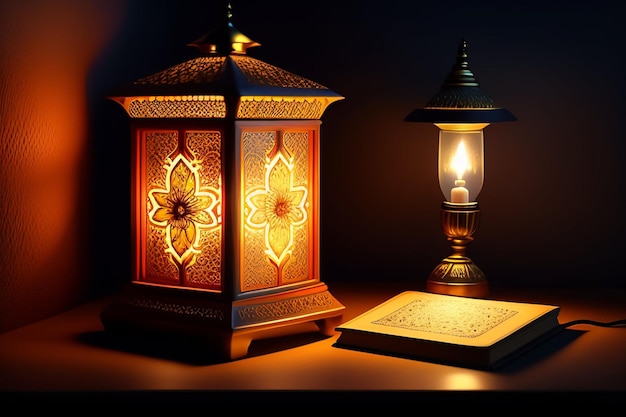 Free Photo Ramadan Kareem Eid Mubarak Royal Elegant Lamp with Mosque Holy Gate with fireworks