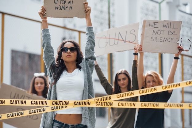 Freedom of speech. Group of feminist women have protest for their rights outdoors