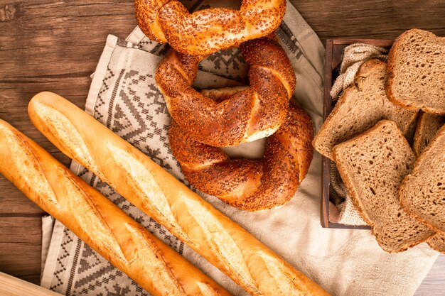 French baguette with turkish bagels and slices of bread in box