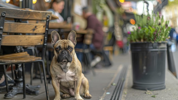 Free photo a french bulldog sitting patiently outside a popular coffee shop