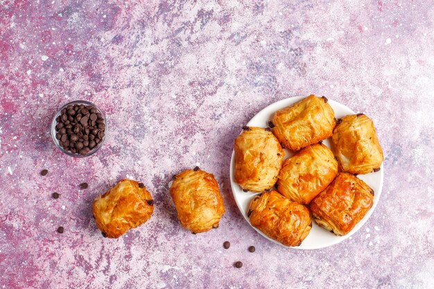 French croissants pain au chocolate.