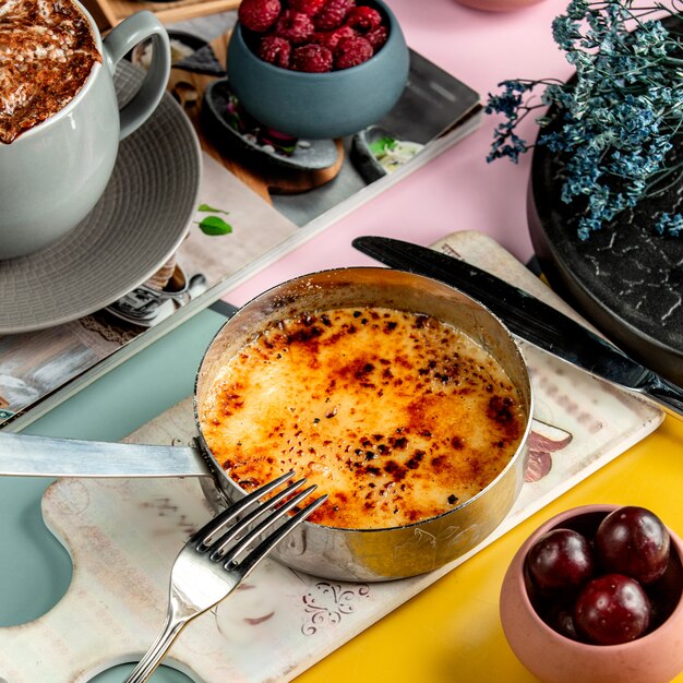 French pastry served in copper pan