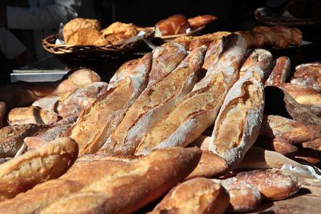 Fresh baguettes at market in france