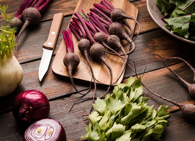 Fresh beet on cutting board flat lay