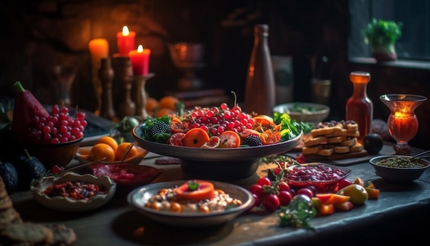 Fresh berry fruit salad on rustic wooden table generated by AI