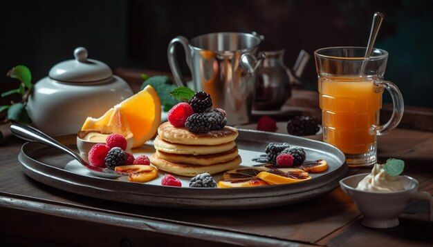 Fresh berry pancakes on rustic wood table generated by AI