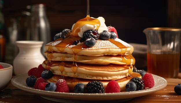 Fresh berry pancakes with honey and syrup generated by AI