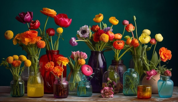 Free Photo fresh bouquet of multi colored tulips on table generated by ai