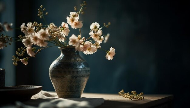 Fresh bouquet in rustic vase on wooden table generated by AI