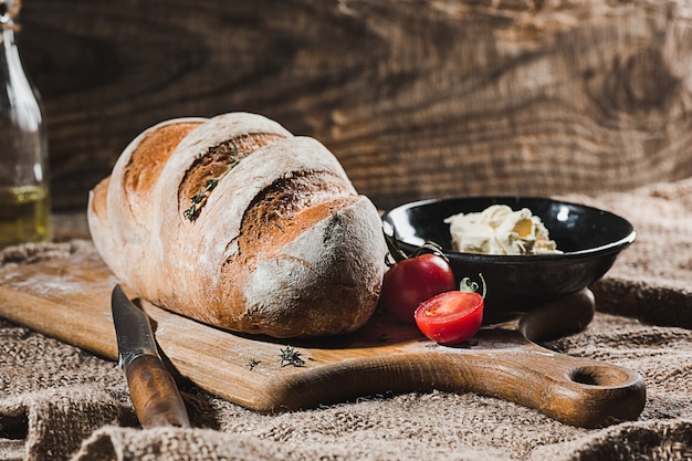 Fresh bread on table close-up