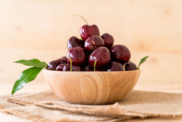 fresh cherry in wood bowl