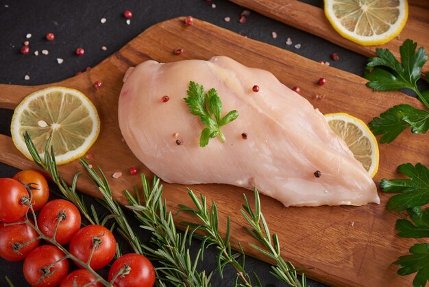 fresh chicken meat portions for cooking and barbecuing with fresh seasoning. Raw uncooked chicken leg on cutting board.