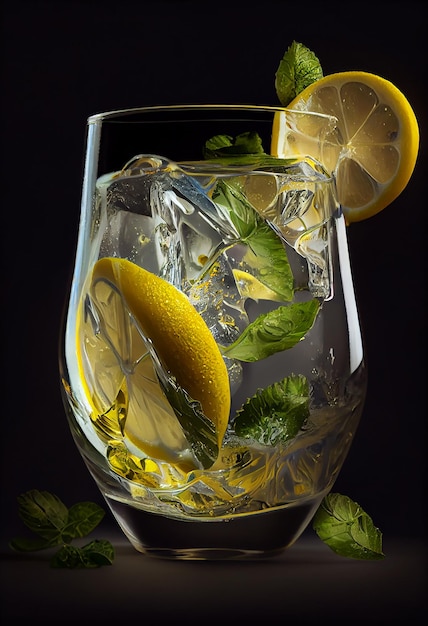 Fresh citrus cocktail with ice and mint leaf generative AI