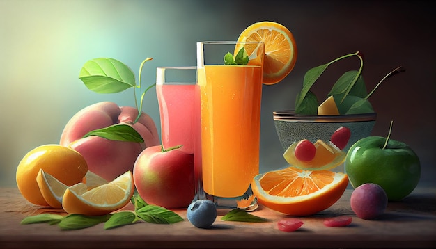 Fresh citrus fruits cocktails with lleafs generative AI