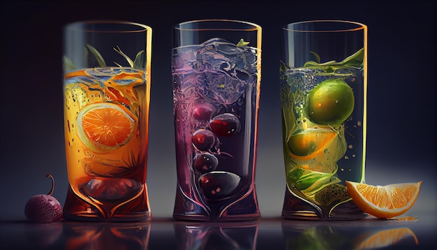 Free photo fresh cocktails in transparent drinking glass with fruits generative ai