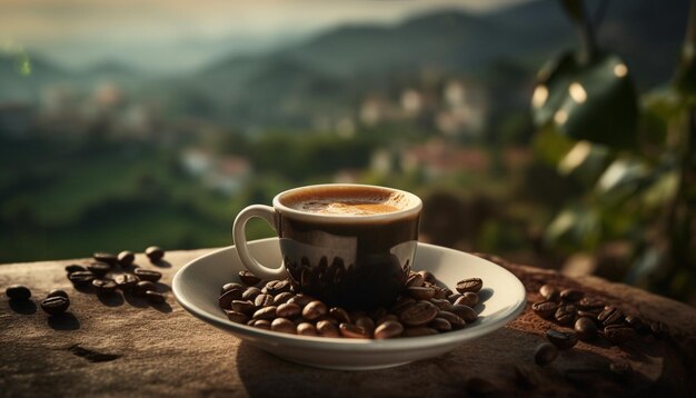 Fresh coffee on rustic table in nature generated by AI